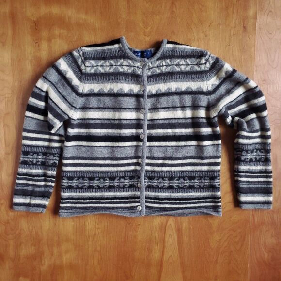 Karen Scott Cardigan Sweater Size L HOLES Gray 100% Wool Striped Button Up FLAWS - Picture 10 of 11